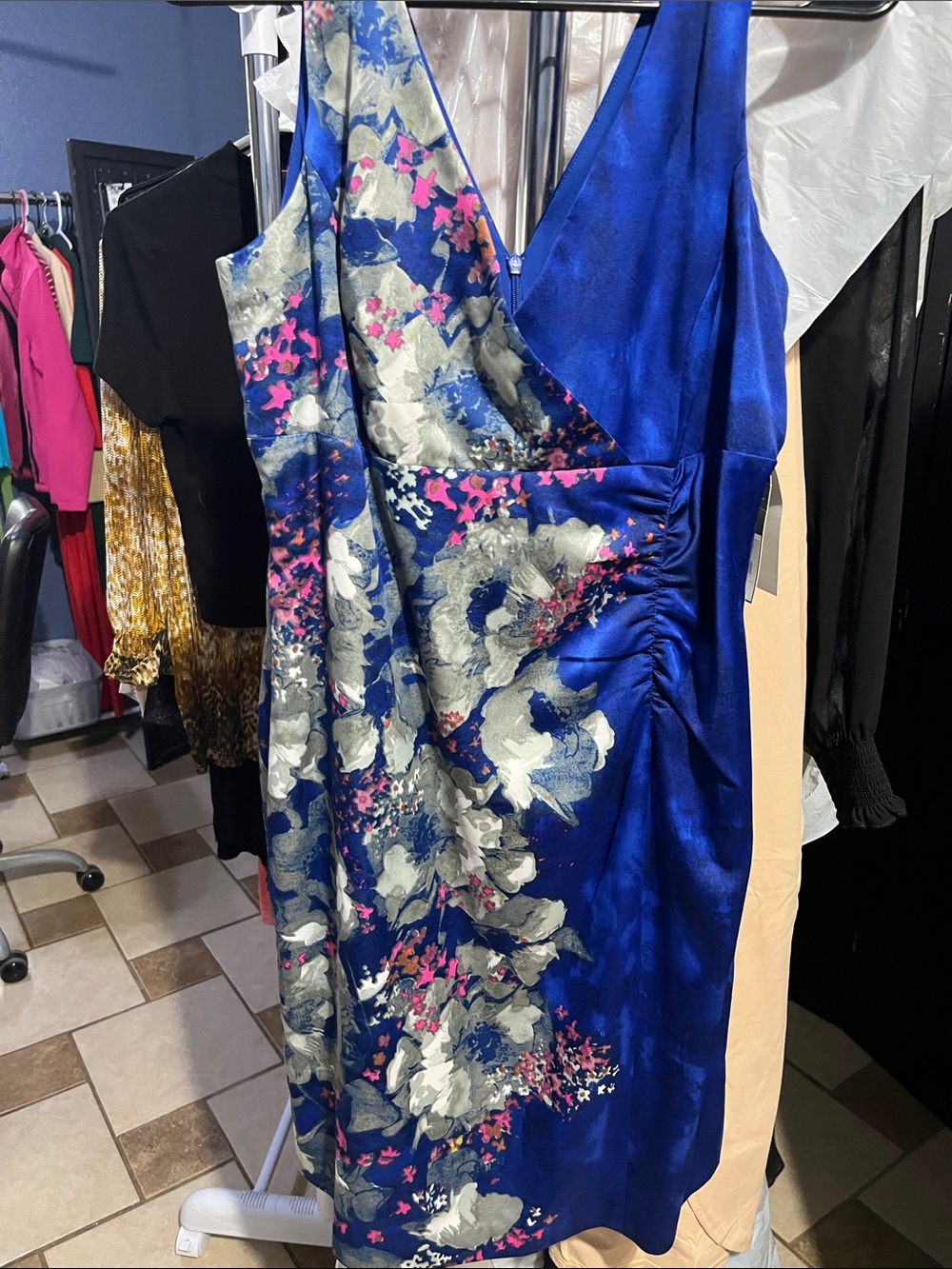 Donna Ricco Blue Floral Satin Midi Dress